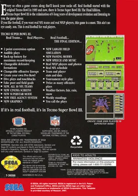 Tecmo Super Bowl III - Final Edition (USA) box cover back